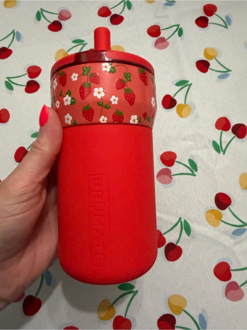 BrüMate Red Strawberry Pattern Insulated Coffee Travel Mug